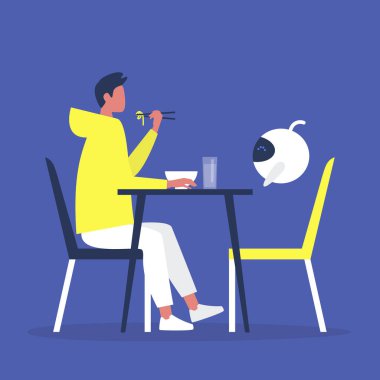 Genç erkek karakter robot, yapay zeka ve gelecekteki teknolojilerle öğle yemeği yiyor.