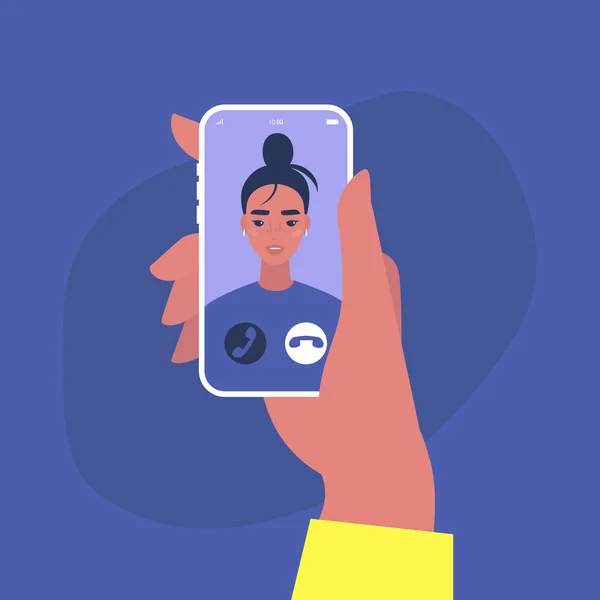 Appel vidéo entrant, Portrait d'un jeune personnage féminin sur un écran de téléphone portable, Style de vie millénaire — Image vectorielle