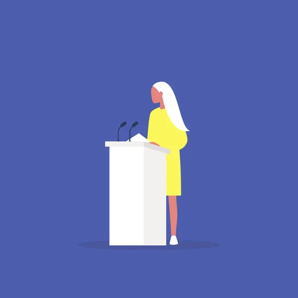 Political debate, young female speaker arguing behind the podium — Stock Vector