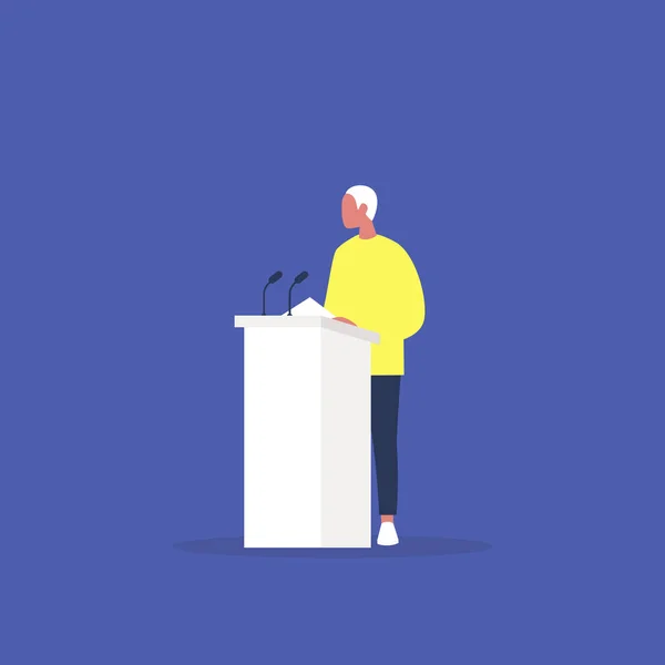 Political debate, young male speaker arguing behind the podium, — Stock Illustration Political debate, young male speaker arguing behind the podium, Royalty Free Stock Vectors