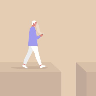 Akıllı telefon bağımlısı genç erkek karakter gökyüzüne doğru yürüyor.