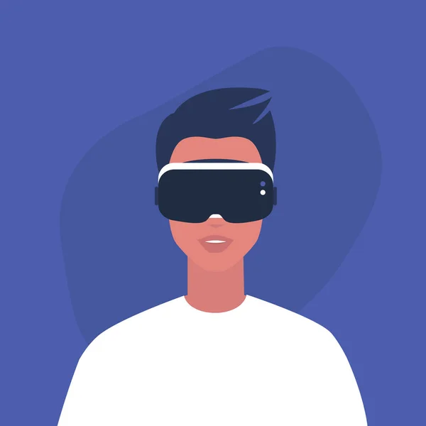 Jonge mannelijke karakter draagt een virtual reality headset, Millenni — Stockvector