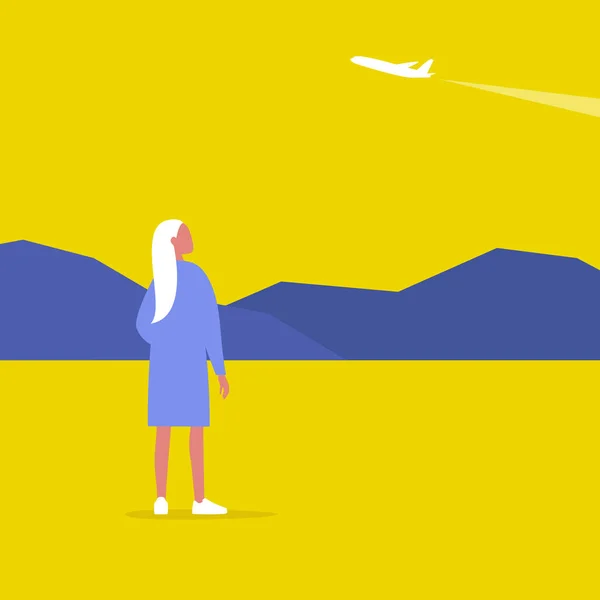 Jovem personagem feminina manchando um avião, lazer ao ar livre, moderno — Vetor de Stock