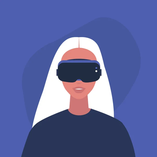 Nuori nainen hahmo yllään virtuaalitodellisuus kuulokkeet, Millen — vektorikuva