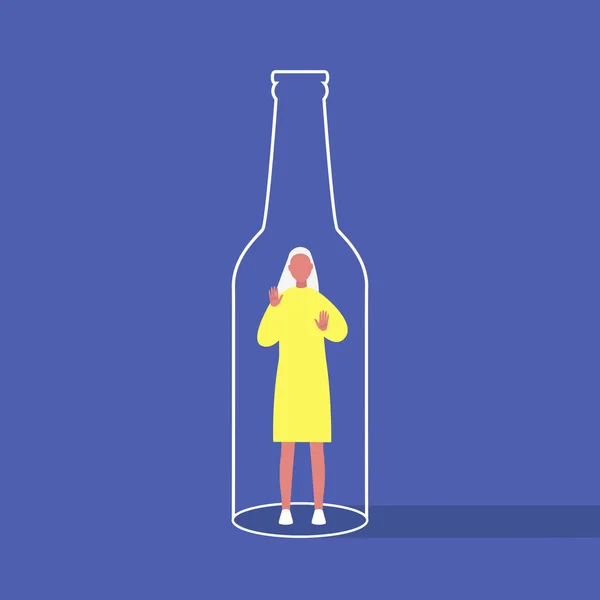 Alcool et toxicomanie, Jeune personnage féminin piégé à l'intérieur d'un b — Image vectorielle