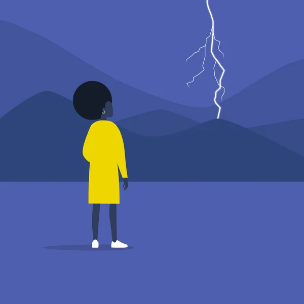 Καταιγίδα, καιρός και φύση. Νεαρός αφρικανικός χαρακτήρας — Διανυσματικό Αρχείο