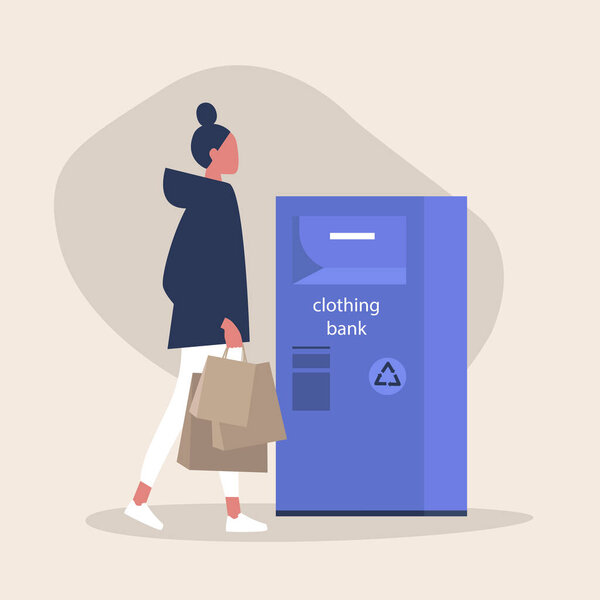 Clothing bank, Young female character holding paper bags with us