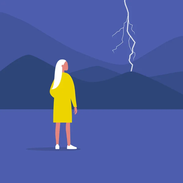 Tormenta, clima y naturaleza. Joven personaje femenino buscando — Archivo Imágenes Vectoriales