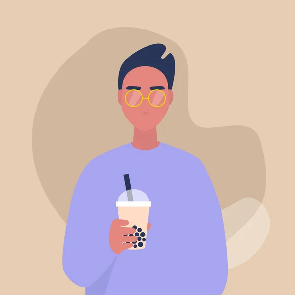 A portrait of a young male character holding a take away cup of — Stock Vector