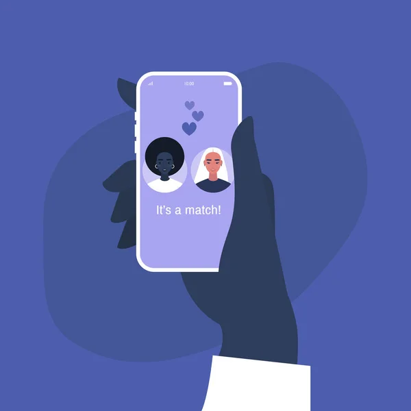 Hand die een smartphone vasthoudt met een mobiele datingservice — Stockvector