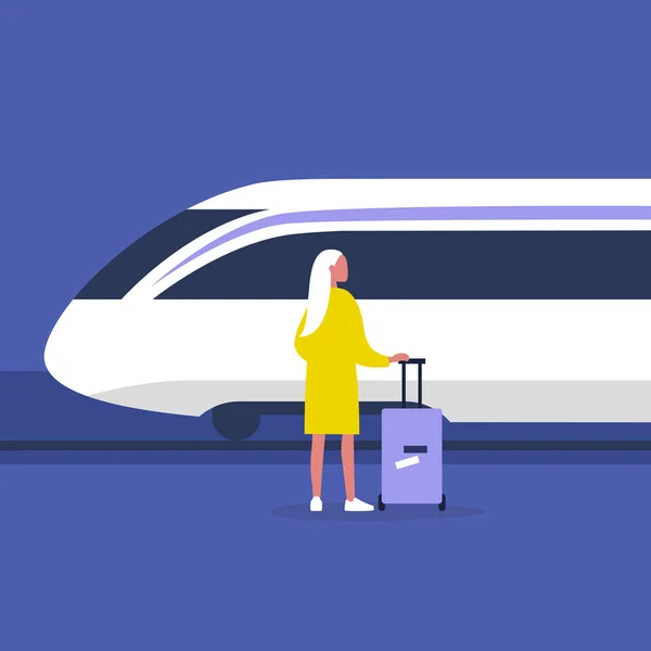 Train à grande vitesse locomotive, jeune personnage féminin debout sur — Image vectorielle