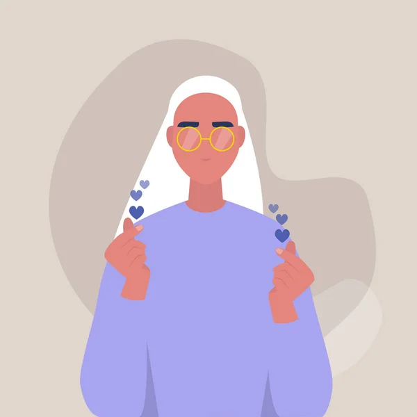 Jovem personagem feminina mostrando um sinal de coração dedo, santo valente — Vetor de Stock