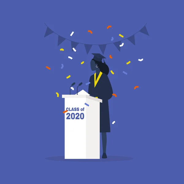 2020-as évfolyam, diplomás fekete női hallgató álló ruhában — Stock Vector