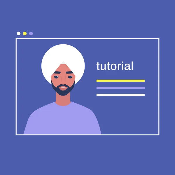 Tutoriel vidéo en ligne, image de couverture, un portrait d'un jeune indien — Image vectorielle
