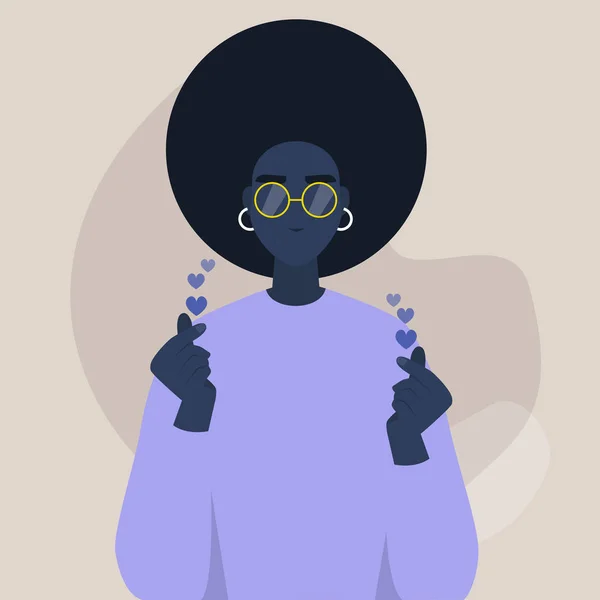 Joven personaje femenino africano mostrando un signo del corazón del dedo, sain — Vector de stock