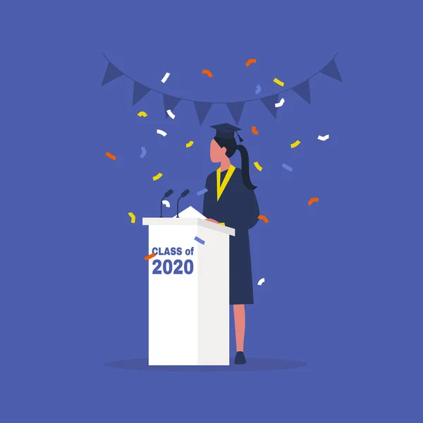 2020-as évfolyam, diplomás női hallgató álló ruhában — Stock Vector