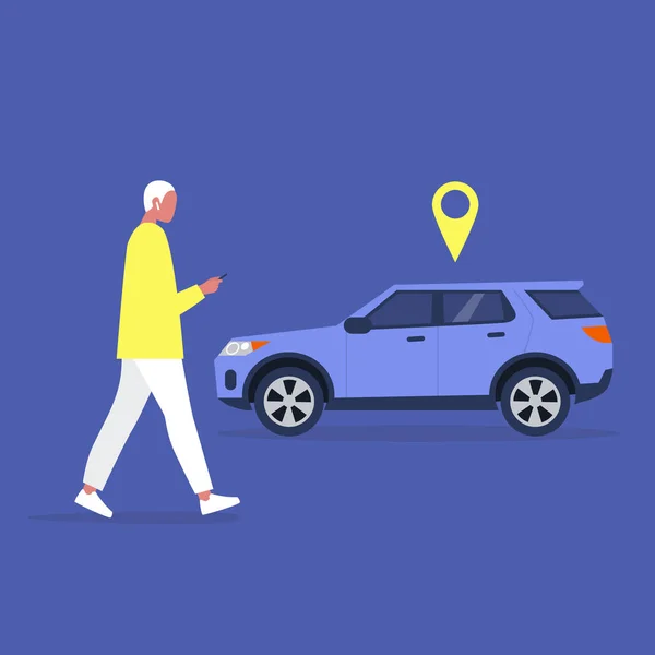 Mladý muž postava pomocí služby car sharing mobilní aplikace, mil — Stockový vektor