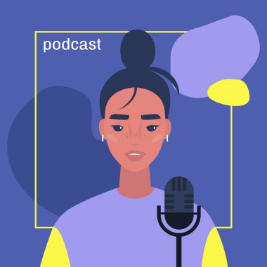 Bir podcast sunan genç kadın karakter, kapak resmi şablonu