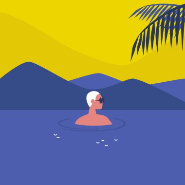 Genç erkek karakter denizde yüzüyor, tropikal bir yerde tatil yapıyor.