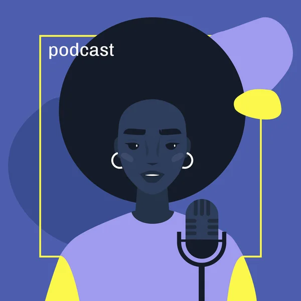 Jovem personagem feminina africana hospedando um podcast, imagem de capa te — Vetor de Stock