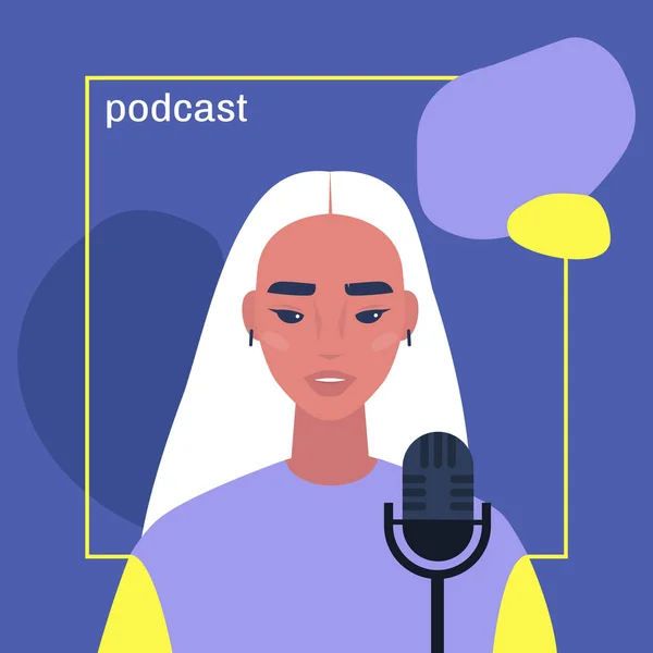 Jovem asiática personagem feminina hospedando um podcast, capa imagem temp — Vetor de Stock