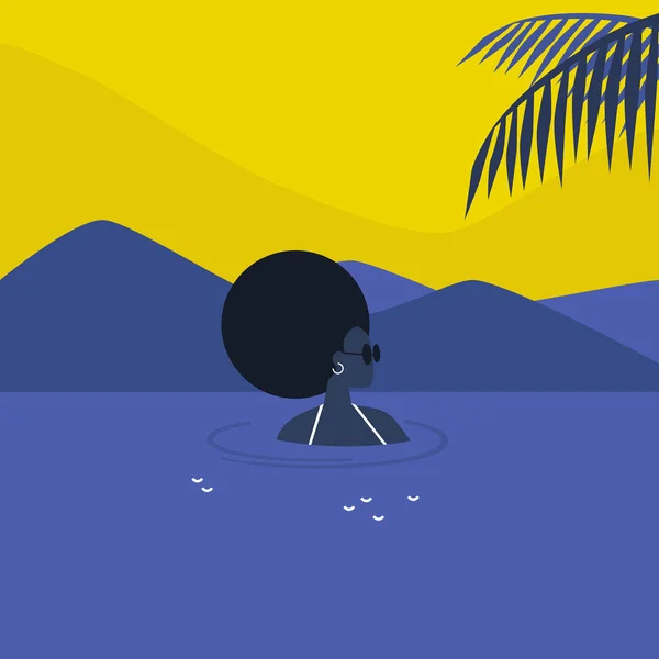 Fiatal afrikai női karakter úszás a tengerben, nyaralás a — Stock Vector