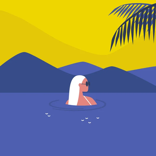 Jovem personagem feminina nadando no mar, férias em um trópico — Vetor de Stock