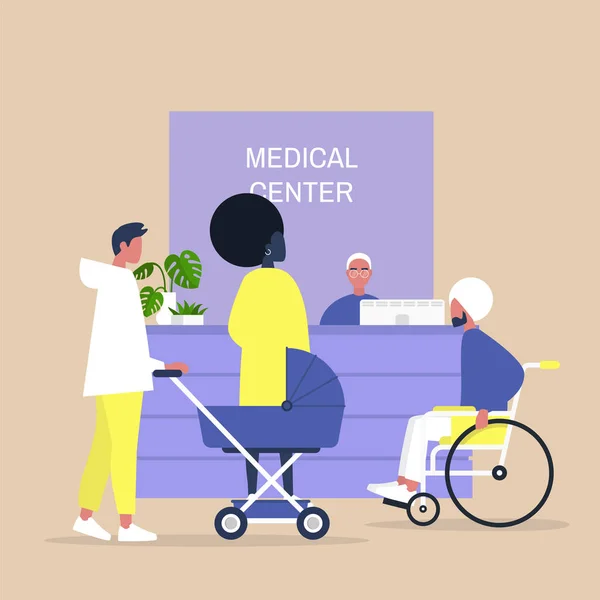Recepção do centro médico, pacientes esperando por um aplicativo médico —  Vetores de Stock