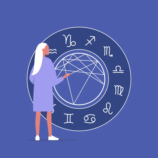 Astrology concept, Young female character reading a natal chart, — 스톡 벡터