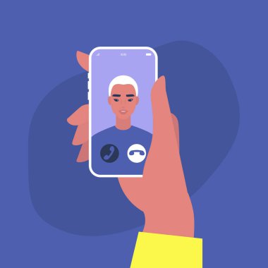 Gelen video görüşmesi, genç Asyalı bir erkek karakterin cep telefonu ekranındaki portresi, Millennial yaşam tarzı.