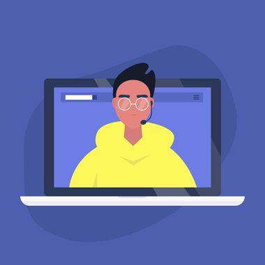 Çevrimiçi danışman, kulaklık takan genç bir erkek operatör, video çağrı teknolojisi, yapay zeka sohbet botu.