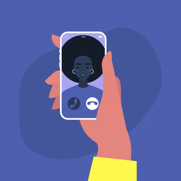 即将到来的视频电话 一个年轻的非洲女性角色在手机屏幕上的肖像 千年生活方式 — 图库矢量图片