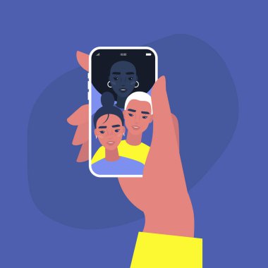 Çok ırklı arkadaşlar, sosyal medya içerikli bir grup selfie, vir