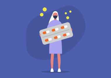 Coronavirus önleme, koruyucu takan genç kadın karakter.