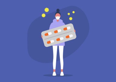 Coronavirus önleme, koruyucu takan genç kadın karakter.