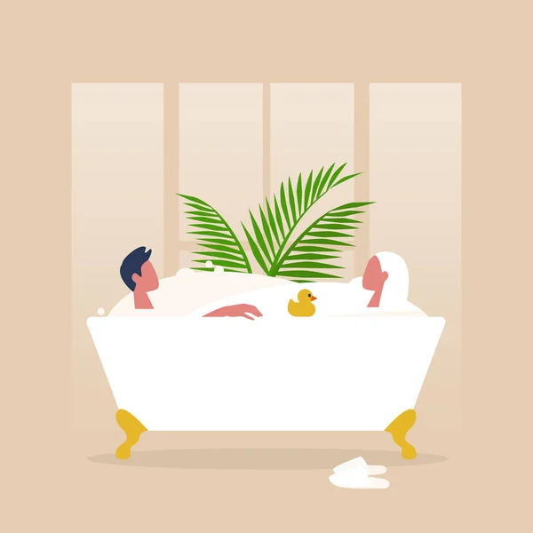 Un couple de caractère prenant une baignoire vintage aux pattes de griffe pleine de — Image vectorielle