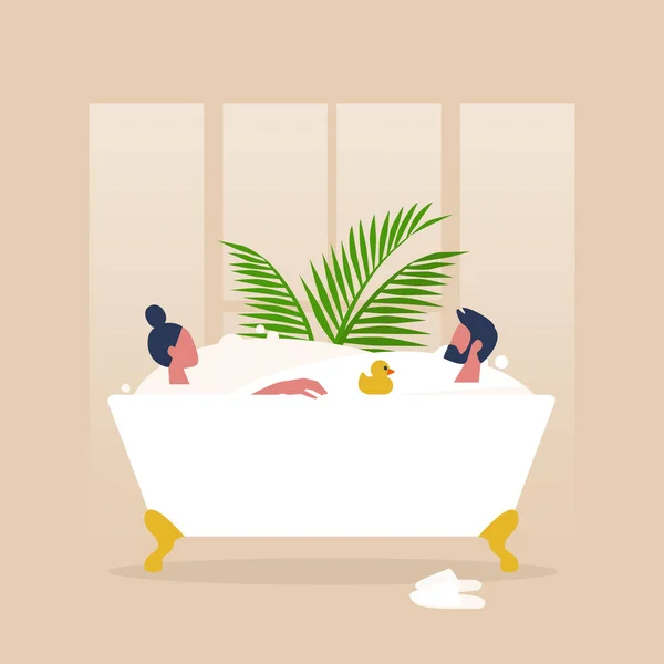 Пара персонажей, принимающих винтажную ванну для ног, наполненную — стоковый вектор