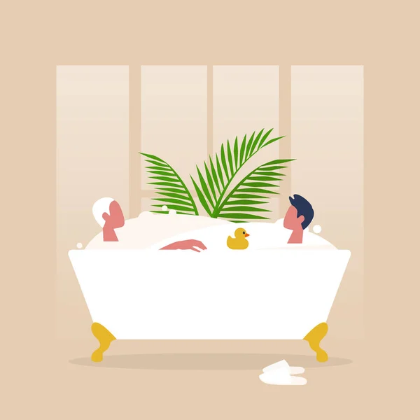 Un couple de caractère gay prenant une baignoire vintage griffe-pied pleine — Image vectorielle