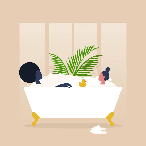 Un couple de personnages lesbiennes prenant une baignoire vintage aux pieds de griffe — Image vectorielle