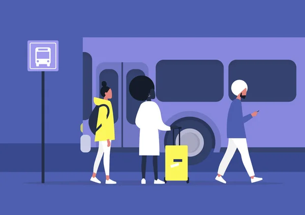Täglich pendeln, öffentliche Verkehrsmittel, eine vielfältige Charactergruppe — Stockvektor