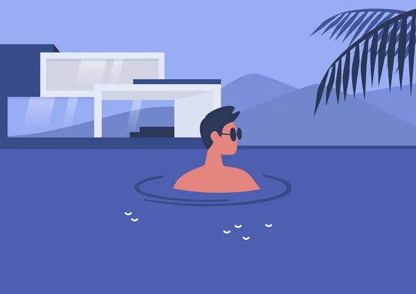 Jeune personnage masculin rafraîchissant dans une piscine, été chaud d — Image vectorielle