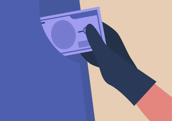 Pick pocketing: gloved hand stealing money from victim's pocket, — 스톡 벡터