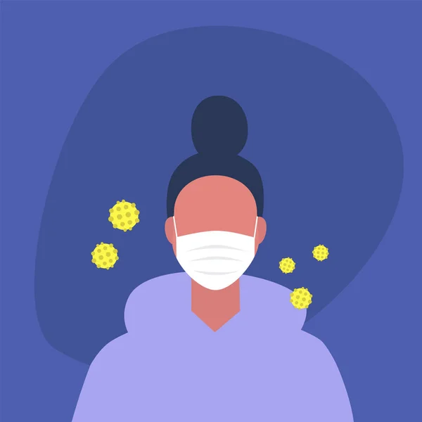 Koronavirüs salgını, koruyucu giysili genç bir kadın karakter.