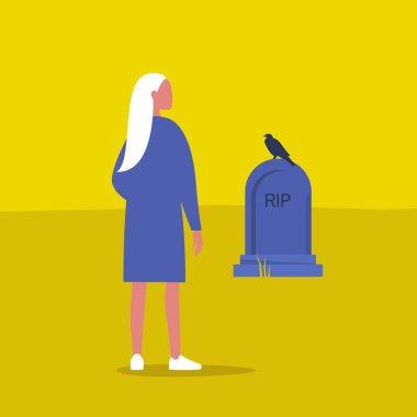 Mezarlık anıtı, önünde duran genç kadın karakter.