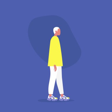 Spor ayakkabı giyen genç erkek karakter, büyük bir platform. 