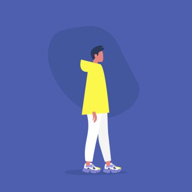 Spor ayakkabı giyen genç erkek karakter, büyük bir platform. 