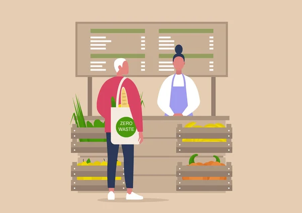 Mercado de fazendeiro, personagem masculino jovem comprando vegetais orgânicos — Vetor de Stock