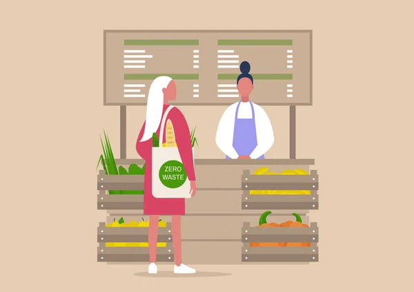 Mercado do agricultor, jovem personagem feminina comprando vegetais orgânicos — Vetor de Stock