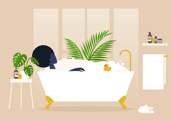 Design d'intérieur, Jeune personnage féminin noir se lavant dans une griffe — Image vectorielle