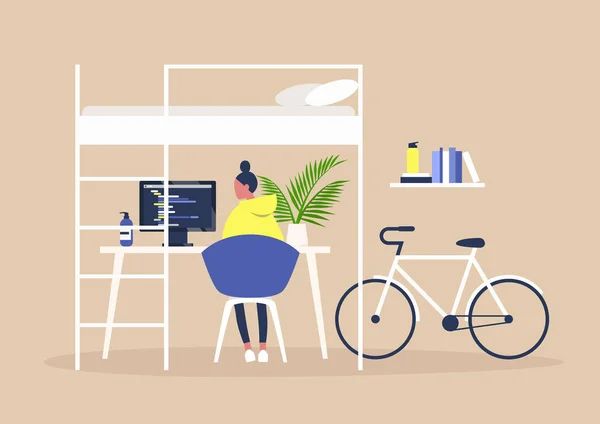 Cama de beliche e uma mesa, Home office interior, Millennial freelancer — Vetor de Stock